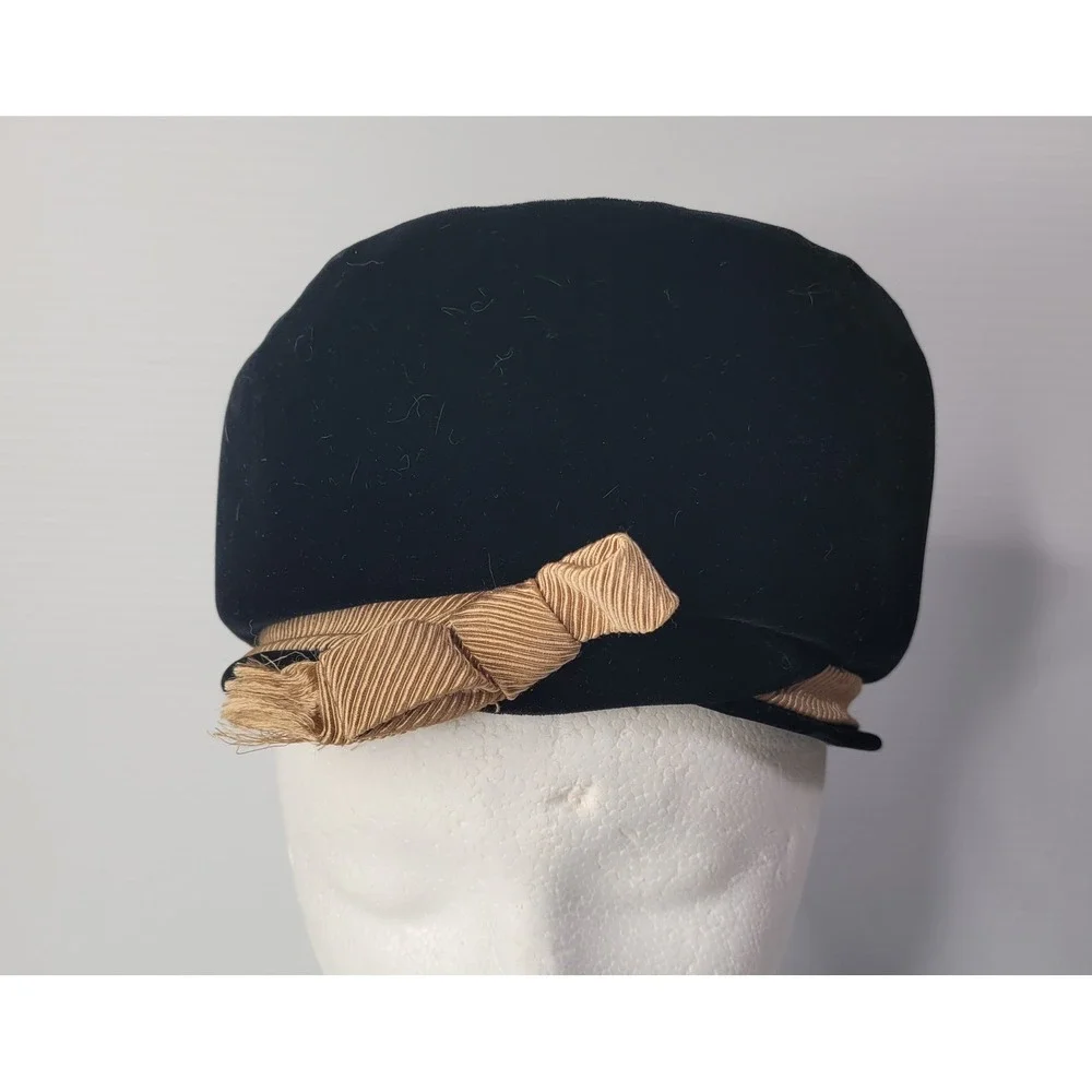 Oleg‎ Cassini Pillbox Hat Womens Black Velvet Gold Grosgrain Bow Vintage